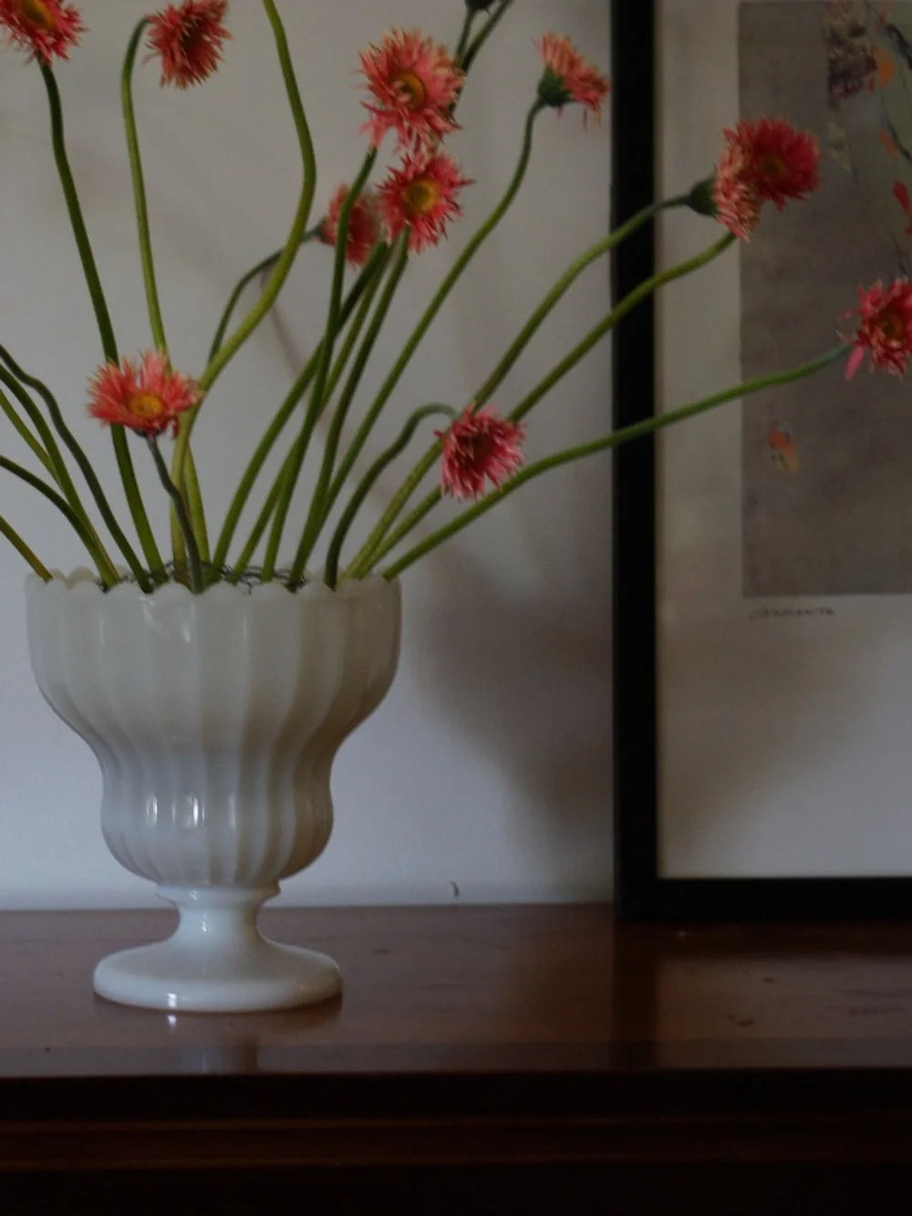 Vintage glass compote vase, milk glass
